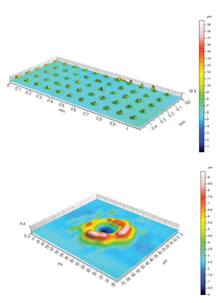 Figure 3_ 3D topography of the enhanced foil with micro-recesses: a) sample area of the enhanced foil, b) a single micro-recess 