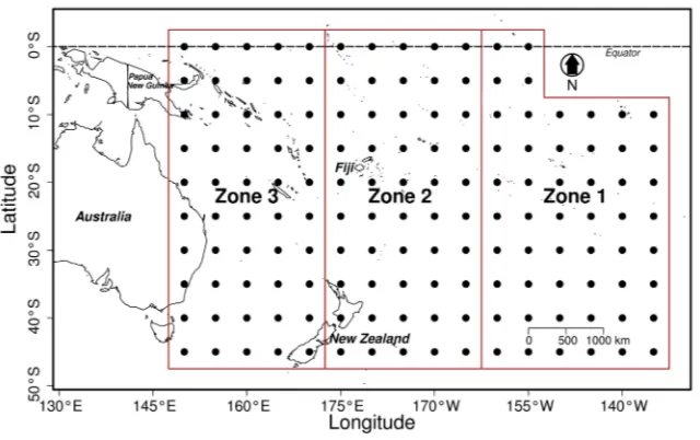 Figure 1. Map showing the stock distribution of the albacore tuna (T. alalunga) in the Eastern and Western South Pacific Ocean