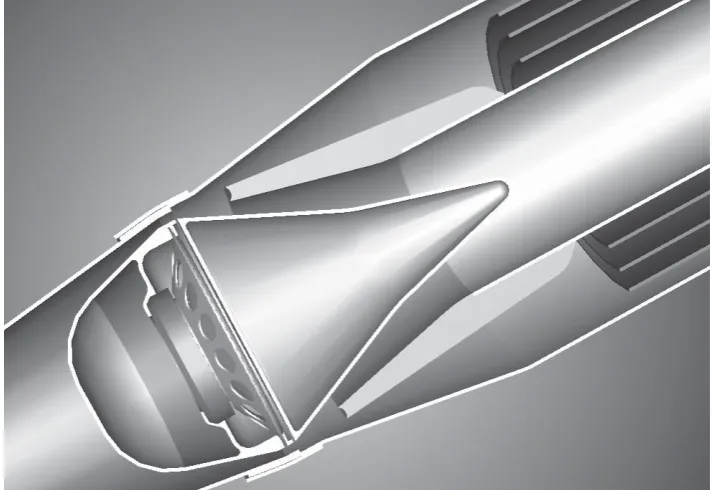 Figure 11:   Detail of the radially switched valve shown in the previous Fig. 10. The loudspeaker type actuator is positioned inside the hollow central body, shaped so that the main annular jet attaches to its outer surface and – in the absence of the cont