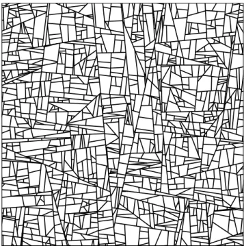Fig. 7: Example of a simulated tessellation with (L- (L-AREA, D-GAUSS), DRECT, b ellip = 0.1, σ = 0.1, t STOP = 500, t GAUSS = 2 000, window side a = 1.