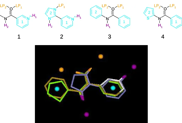 Figure 1. An overlay of hypothetical molecules 1shown in Table 1. in purple and acceptors in orange