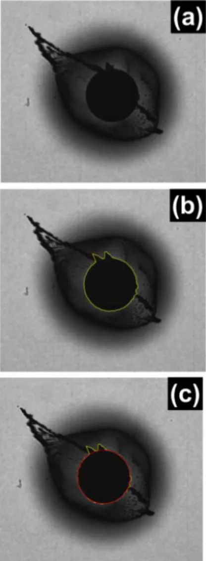 Fig. 4. Images showing: (a) a droplet with significant soot; (b) diffraction algorithm edge locations without outlier rejection (the yellow line); and (c) the droplet edge with outlier rejection (the red line overlapping the yellow line).