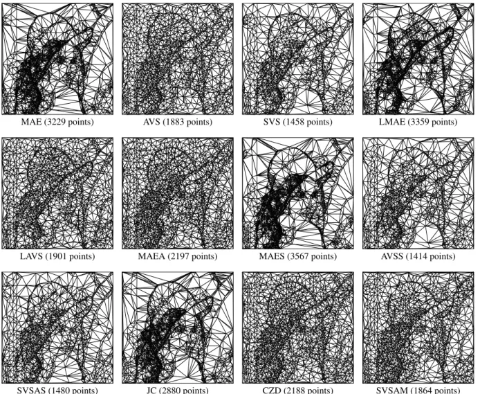 Fig. 3: Triangulations using different refinement metrics for approximations of Lena image with RMSE = 15 or PSNR = 25.