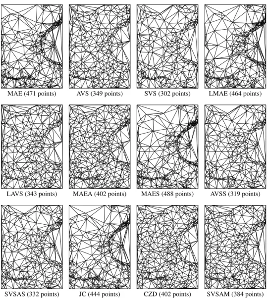 Fig. 5: Triangulations using different refinement metrics for approximations of Crater image with RMSE = 15 or PSNR = 25.