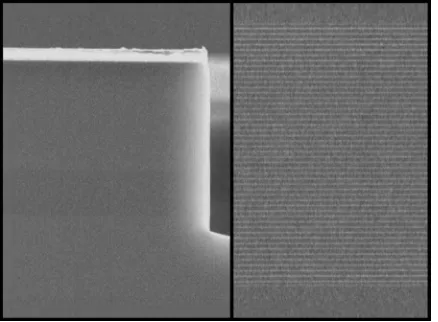 FIG. 2. SEM pictures of a cleaved facet of a processed ridge waveguidestructure �left� and of the corresponding active region with 48 stages �right�.The slightly darker region at the bottom of the ridge structure can be iden-tiﬁed as the active region.