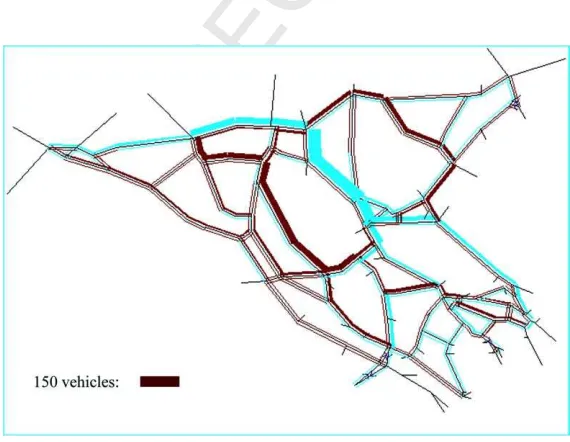 Fig. 8. The North Leeds network. The proposed bus-lanes run along the links shown as zigzag lines
