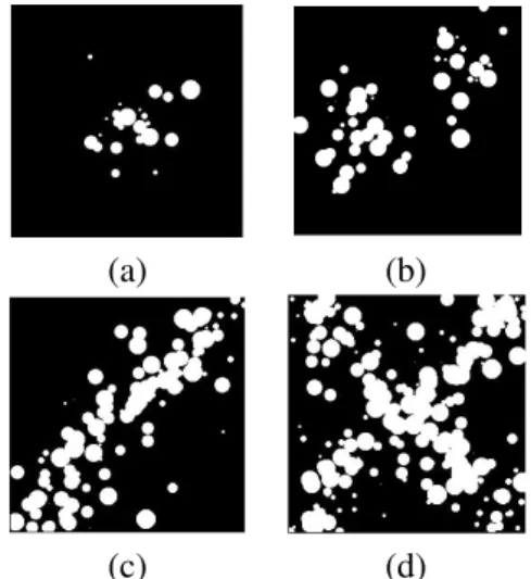 Fig. 2. Realizations of an NHBM with a uniform radius distribution and intensity function depending on the distance to (a) a single point, (b) a couple of points, (c) a single line, (d) a pair of lines.
