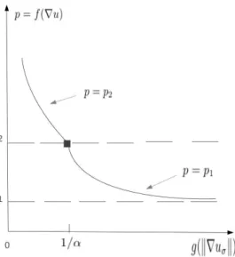 Fig. 4. Typical p(u) = f (∇u) functions for coupled with image features and threshold edge value α.