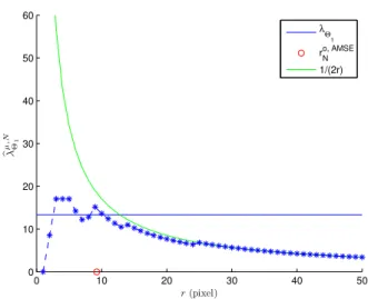 Fig. 2. Comparison of the “Minkowski content”- based estimator and the theoretical value (λ Θ 1 (0.5, 0.5) = 13.3) at point (0.5, 0.5) for an inhomogeneous Boolean model of segments with intensity f (x 1 , x 2 ) = 700x 2 1 