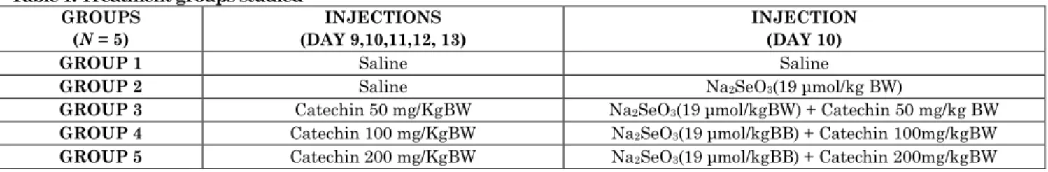 Table 1: Treatment groups studied  GROUPS  (N = 5)  INJECTIONS  (DAY 9,10,11,12, 13)  INJECTION (DAY 10) 
