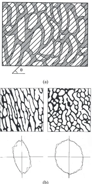 Fig. 4. The principles of the MIL measurement: (a) a  linear grid imposed onto the structure, (b) MIL is a  function of orientation 
