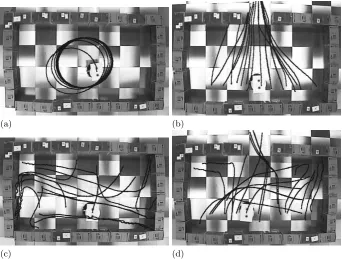 Fig. 7. Robot trajectories under control of “Model 1”in in the “Completely enclosedenvironment” (a) and when an opening is introduced to the enclosed environment (b).Robot trajectories under control of “Model 2” in the “Completely enclosed environ-ment” (c), and when an opening is introduced to the enclosed environment (d).