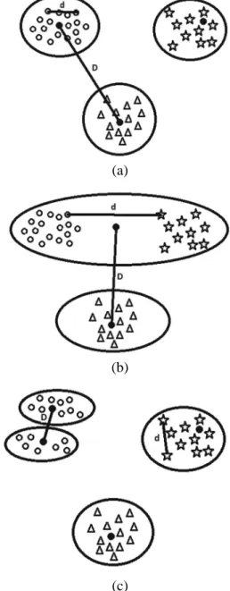 Fig. 1. (a) Shape of fine clusters. (b) A reduction in  the number of clusters causes large intraclass distance