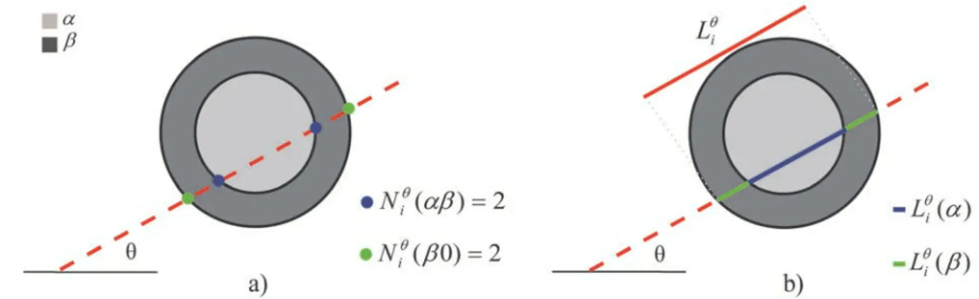 Fig. 3. Linear Intercepts Method applied to the measurement of the number of intersections (a) and the length of  test line across each particle’s component (b) for the ith line in direction θ
