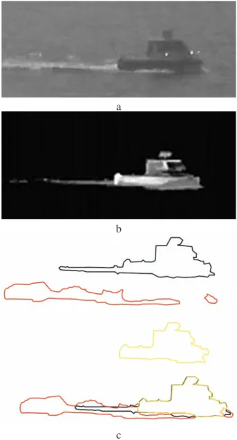 Fig. 8. Silhouette primary detection: a) original image, b) coarse detection, c) accurate detection.