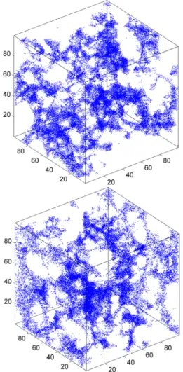 Fig. 4. Exploration by DRaMuTS in virtual hydrated  Portland cement paste (sample PC2) at the top and  gap-graded blended Portland cement paste (sample  BPC2), at the bottom, both with 10,000 tree edges