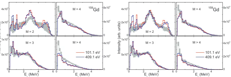 Fig. 8. Comparison of the experimental γ-ray spectra obtained for the nucleus 159Gd with the simulations assumingthe SM strength σSM = 0.2 mb (left) and σSM = 0.5 mb (right)