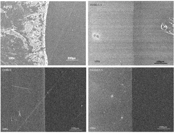 Figure 3. 100× SEM image of coatings interfaces with coated area (left) and un-coated area (right)