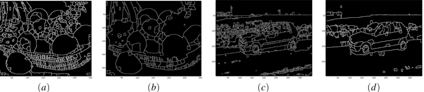 Fig. 6. Segmentation results using a watershed algorithm combined with the topological gradient approach: (a) is the segmented fruit-basket image with c = 1, (b) is the same segmented image with c = 50, (c) is the segmented road scene image with c = 1, and