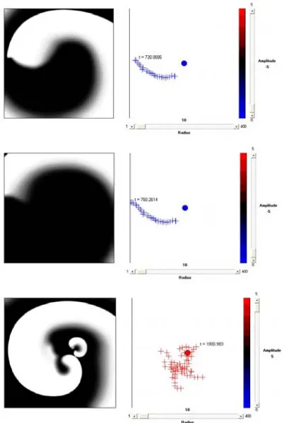 Fig. 6. Computational steering of 2D Fenton-Karma virtual ventricular tissue. A series of negative stimuli forces a spiral wave to drift  to the tissue boundary (top, middle), whereas positive stimulation breaks the spiral down (bottom)