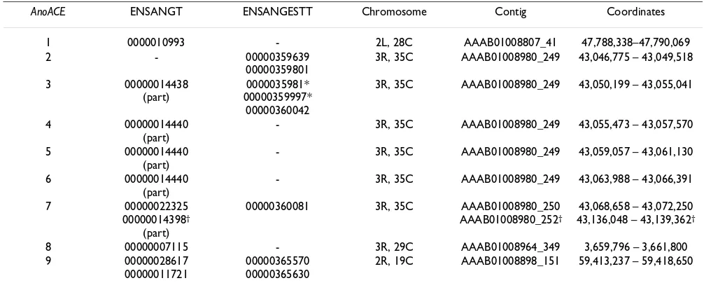 Table 2: ACE-like genes in the A. gambiae genome. Genes were identified by a combination of TBLASTN using Drosophila genes as query sequences and cDNA sequence analysis