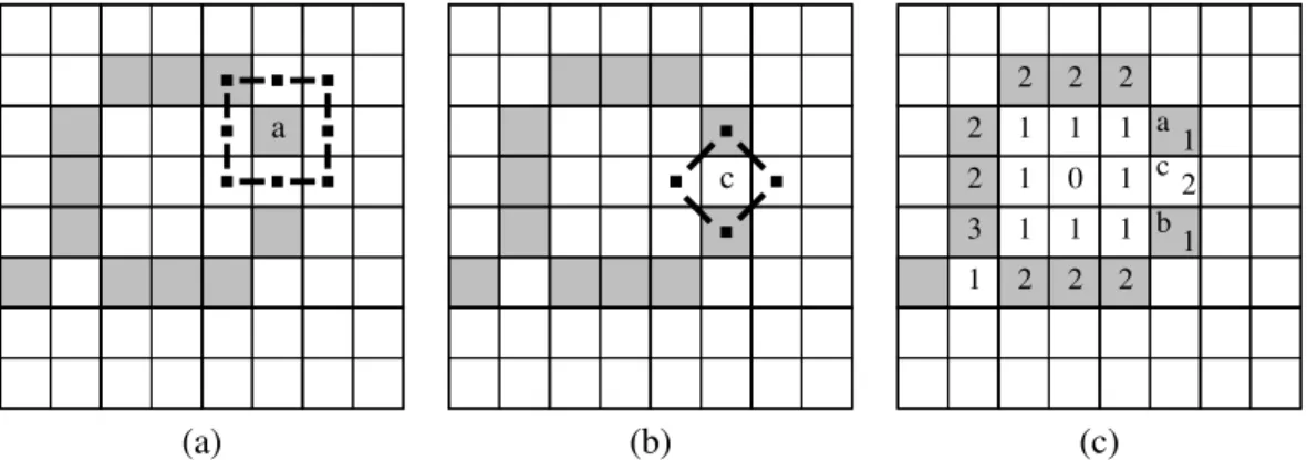 Fig. 2. (a) Pixels around pixel a considered to compute its adaptive crossing number. Neighbourhood relation on them, used to compute X I (a), indicated by segments