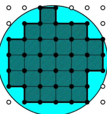 Fig. 1. The digitized disk is the set of pixels contained in the initial disk (represented as black filled circles)