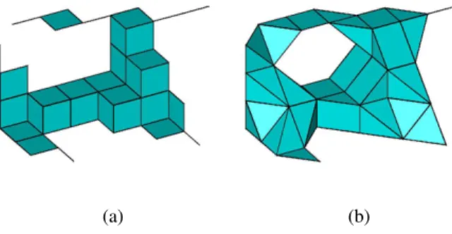 Fig. 2. Polyhedral reconstructions of a structure using (a) the 6-adjacency and (b) the 26-adjacency