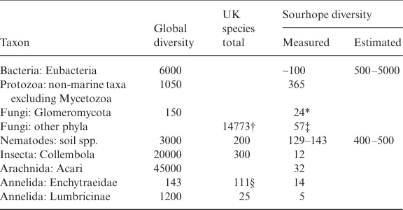 Table 1.Species diversity of some groups of organisms measured at the Sourhope sitecompared with UK and global diversity (where known) 