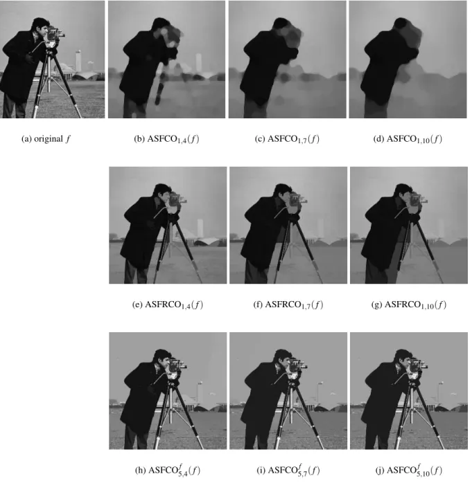 Fig. 7. Multiscale decomposition with usual ASFs (b-d), usual ASFs by reconstruction (e-g), and adaptive ASFs (h-j) of the original image (a).