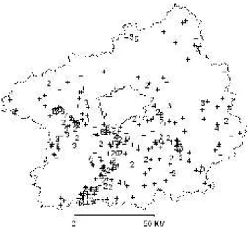 Fig. 1. Locations of infection of 446 cases of tick-borne encephalitis in Central Bohemia