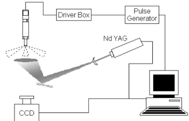 Fig. 3. The optical device used for image acquisition. The pulse generator delivers a reference signal to the injector driver box and the imaging system, which then triggers the light source and the CCD camera