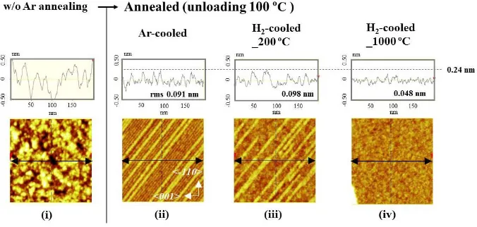 Figure 4. Surface roughness and AFM images of polished and annealed Si(110) wafers (images were obtained for a 3 × 3 μm2 measurement area) (i) before Ar annealing (w/o Ar annealing); (ii) after Ar annealing using Ar gas during the cooling process (Ar-coole