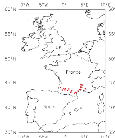 Figure 1. Location of the 21 SMOSMANIA stations in southernFrance (see station names in Supplement 1).