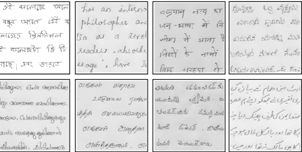 Fig. 9. Sample image of the Printed Scripts used for identification problem (Left to right row 1: Bengali, English, Hindi, Kannada, row 2: Malayalam, Tamil, Telugu, Urdu) 