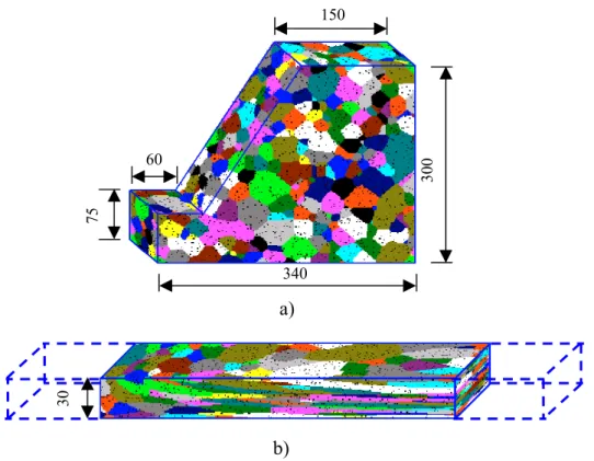 Fig. 3. Simulated 3D microstructures before a) and after b) deformation; both geometries are equivalent to those of the experimental sample