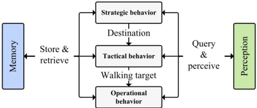 Fig. 2: A simplified visualization of the basic building blocks of pedestrian behavior