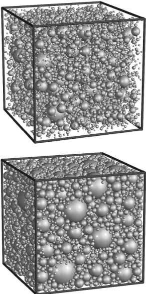 Fig. 1. Example of a 3D material structure (top) after the static simulation and (bottom) after the dynamic densification process.