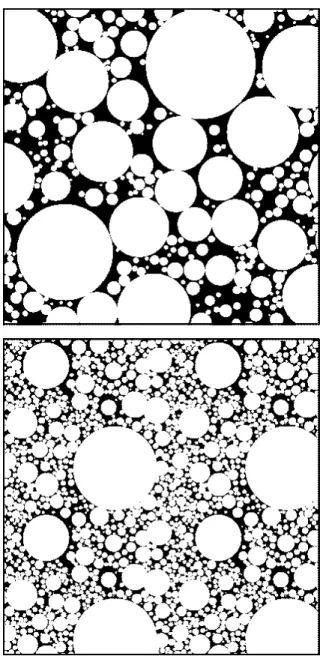 Fig. 4. Sections of the compacted particle mixtures B (top) and F (bottom) defined in Fig