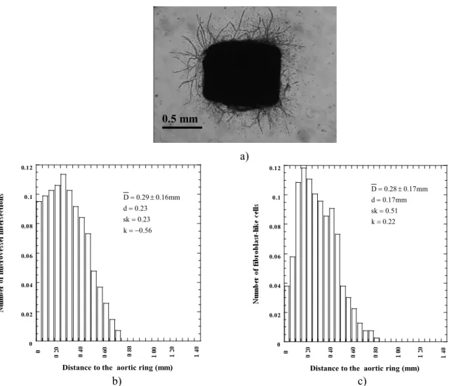 Fig. 2. a) Spontaneous angiogenesis. b) the number of microvessel intersections in function of the distance to the aortic ring (Ni(D)), c) the number of fibroblast-like cells in function of the distance to the aortic ring (Nf(D)).
