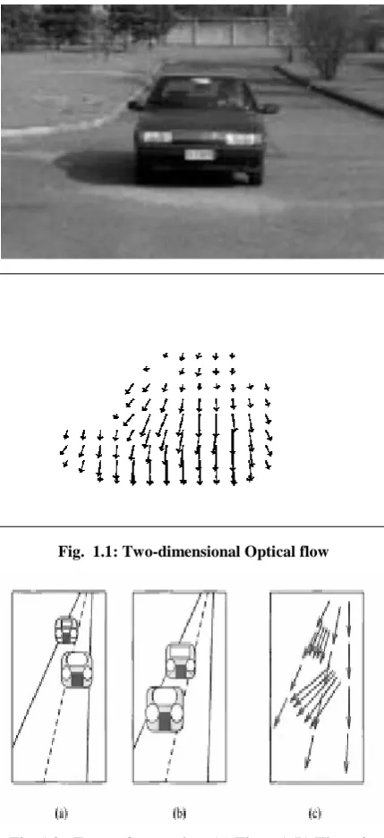 Fig. 1.2:  Focus of expansion, (a) Time t1 (b) Time t2.           (c) Optical flow 
