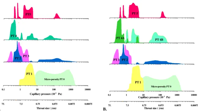 Fig. 9. Relation between PTs and throat size obtained A: by taking into account MORPHOLOGICAL criteria,  and B