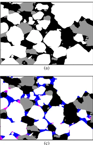 Fig. 5. Distribution of Cu and pores as a function of inter-W size D obtained by 2D opening measurements for  the two mixtures, ff and fg, 35% vol