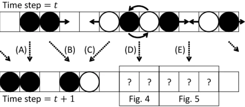 Figure 2 Schematic view of the model. (A) The black particle cannot move since its target cell is occupied by the other particle moving in the same direction