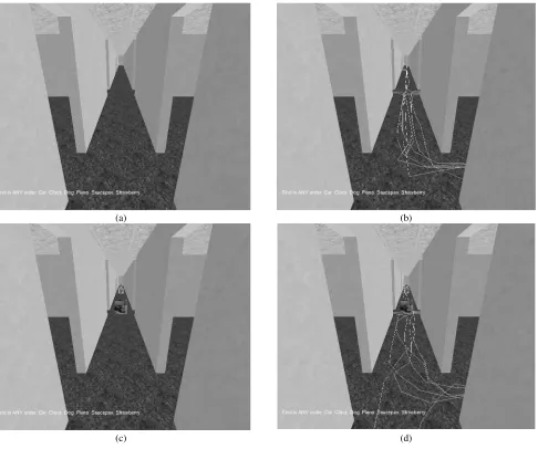 Figure 2. Views inside the test building: (a) no trail or landmarks, (b) a trail, (c) landmarks, and (d) a trail and landmarks