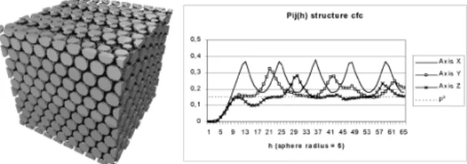 Fig. 1. Image and 2 points correlation function P i j h  P  x  A i ; x  h  A j ; i  j  of a cfc 3D structure (40%).
