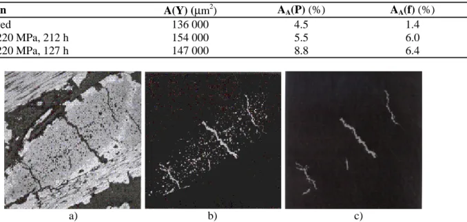 Table 1. Mean values of the surface area of yarns, A(Y), of the surface fraction of the intra-yarn pores, A A (P), and of the microcracks, A A (f), in 2.5D C f -SiC specimens, as-received and after tensile creep at 1273 K and 1673 K, at 220 MPa under argon