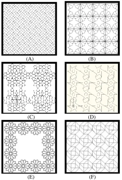 Fig 2: A) Interlaced pattern, B) Floral Pattern, C & D) Star pattern, E) Border Pattern, F) Tessellation Pattern