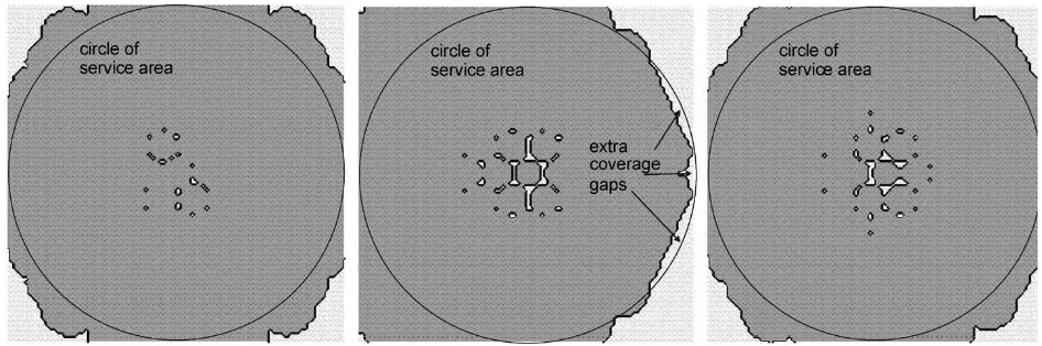 Fig. 7.Coverage gaps for four channel schemes where handover to any channel is allowed at 16-dB CIR level (dark shading is above this)
