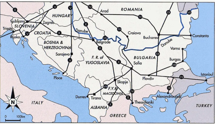 Fig.7  Pan-European Transport Corridors on the Balkans  Map courtesy of  balcanica.org 